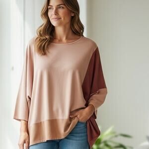 WynneLayers Luxe Crepe Colorblock Top Womens Large Shell Pink Camel Marla Wynne